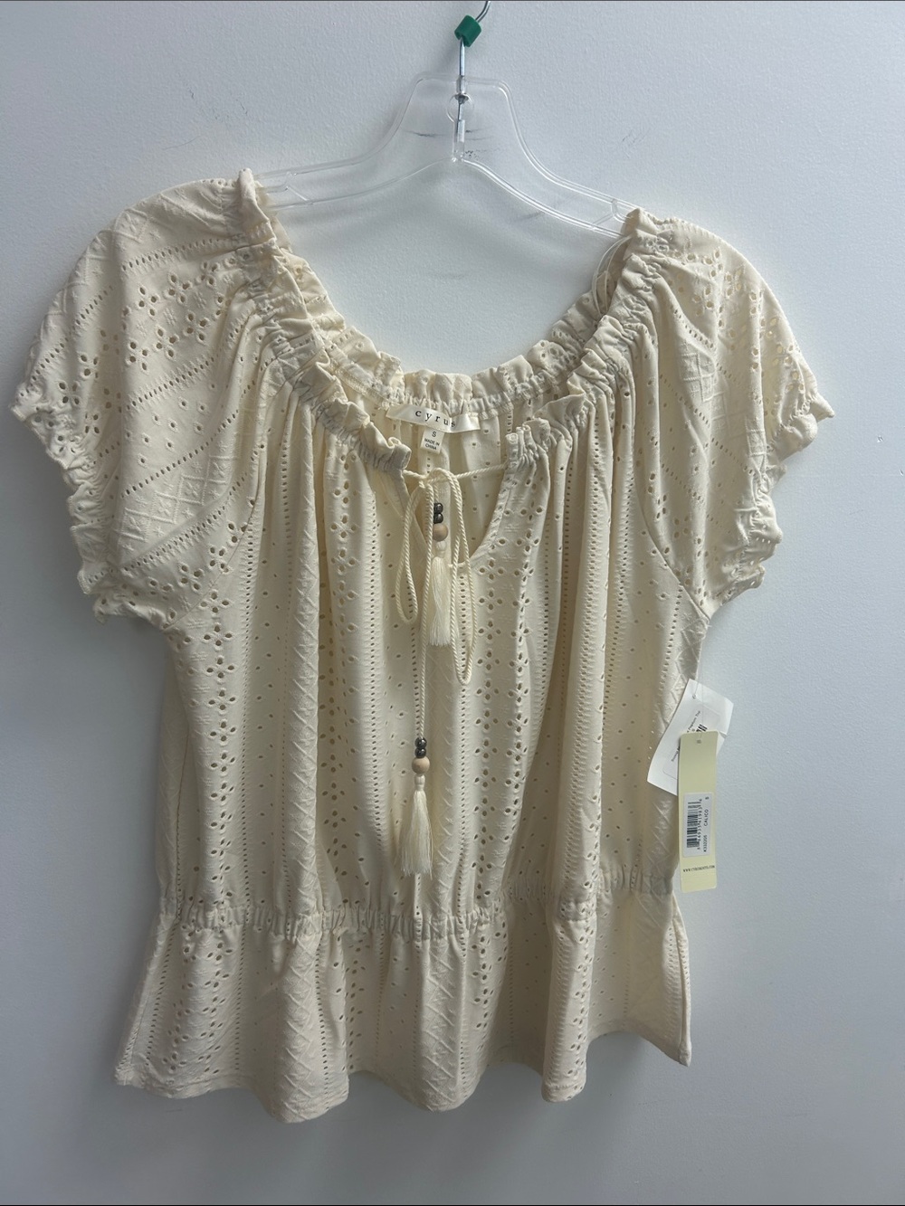 Eyelet Peasant Top with Tassel Tie - Cream